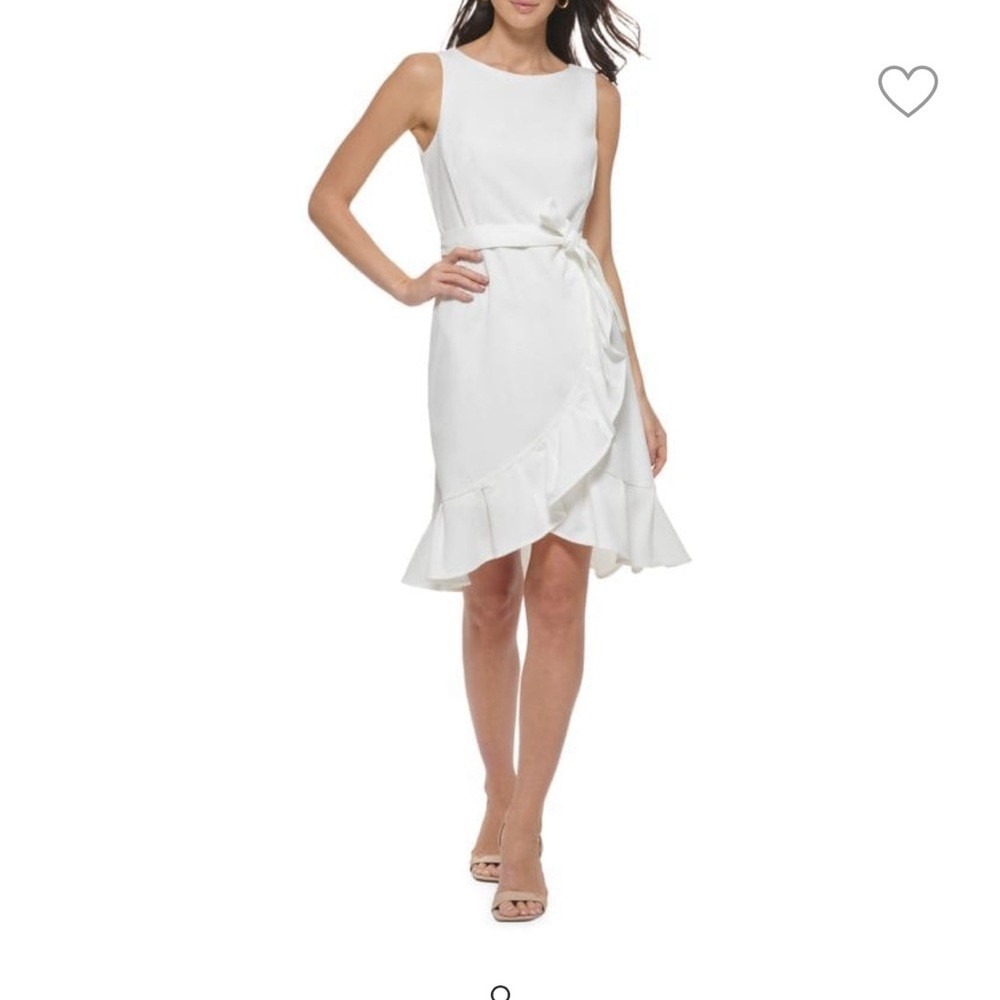 Calvin Klein White Faux Wrap Ruffle Dress Sz 8 M LWD‎ Bridal Graduation Cocktail